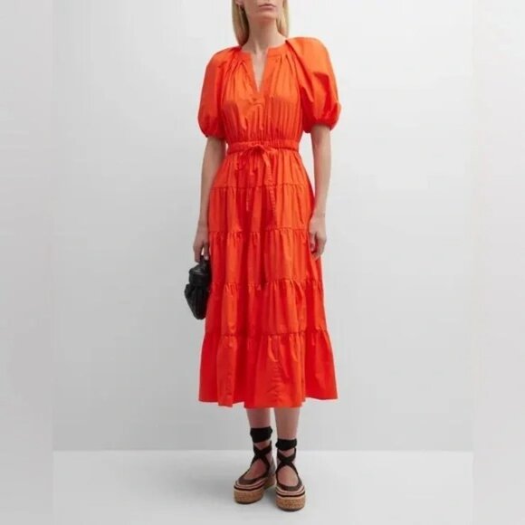 Ulla Johnson Olina Tiered Puff Sleeve Midi Poplin Dress Size 6 - Picture 3 of 12